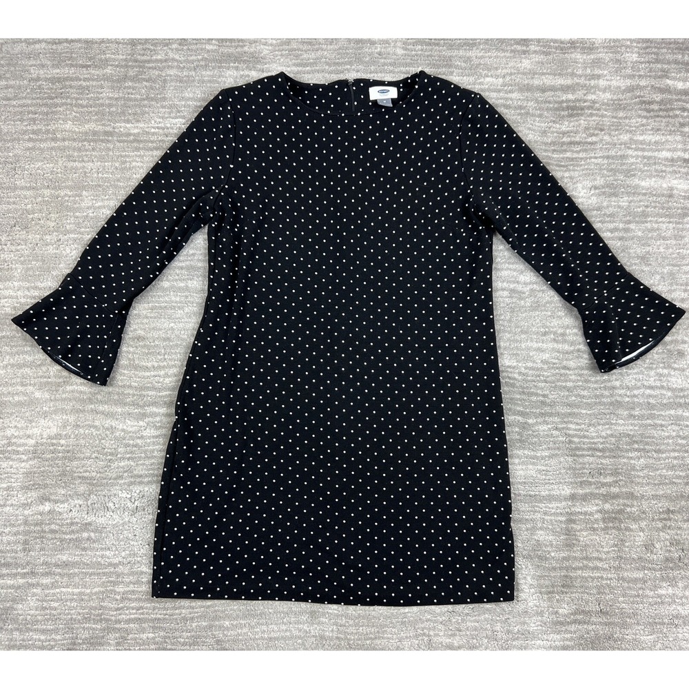 Old Navy‎ Dress Womens M Black Polka Dot 3/4 Bell Sleeve Shift Crew Neck Stretch